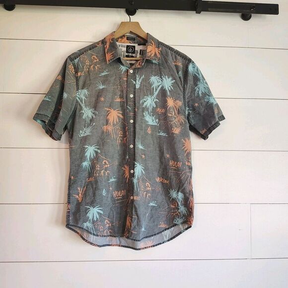 VOLCOM Shirt Mens M Classic Fit Hawaiian Hula Girls Abstract Short Sleeve Grey - Picture 1 of 7